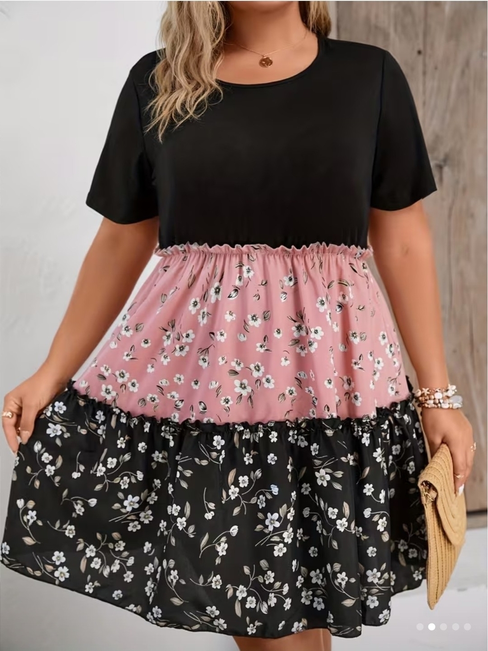 Plus Floral Tiered Dress in Black and Dusty Rose